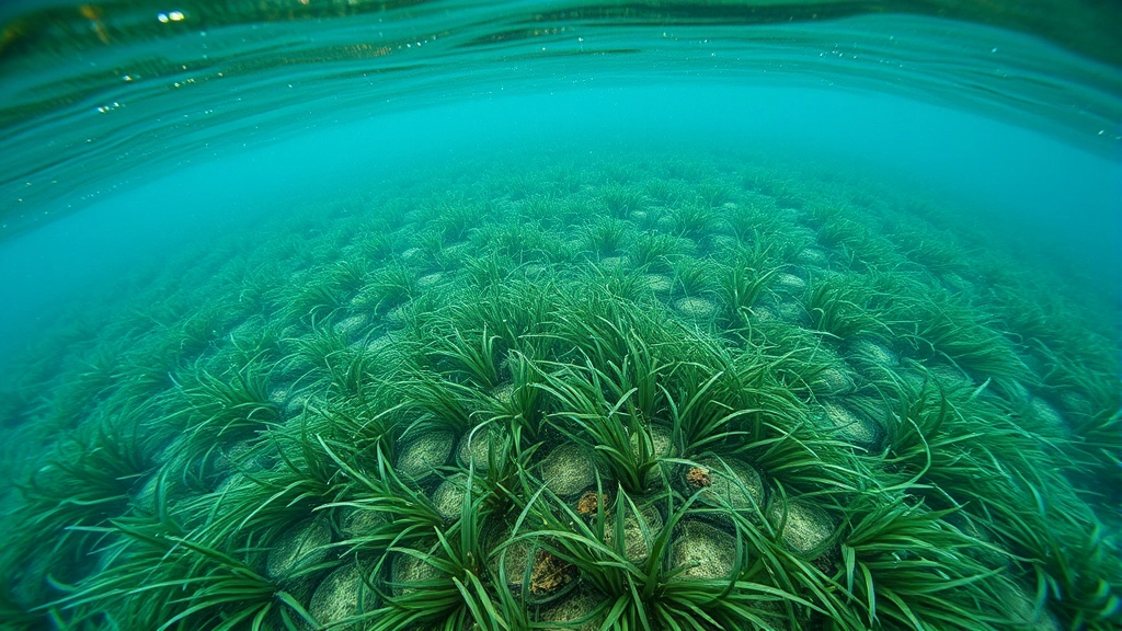 Underwater view of seagrass meadow (Posidonia oceanica) with visible damage patterns from ship anchoring, clear water showing ecological degradation, marine habitat perspective