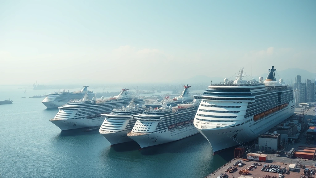 Port city waterfront with multiple cruise ships docked simultaneously, showing industrial scale of cruise infrastructure, urban coastal environment with visible air pollution haze