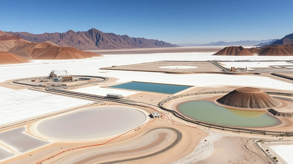 Lithium mining operation in South American salt flats with extraction ponds and mountain landscape, showing water-intensive industrial processes affecting arid ecosystem, photorealistic environmental impact perspective