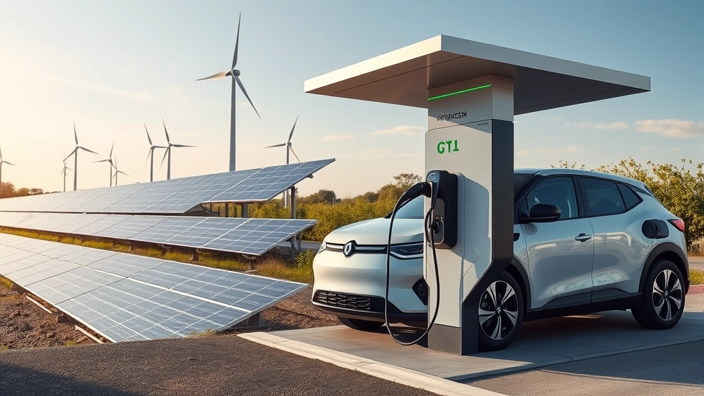 Modern electric vehicle charging station powered by solar panels and wind turbines in distance, showing renewable energy infrastructure integration with modern transportation technology