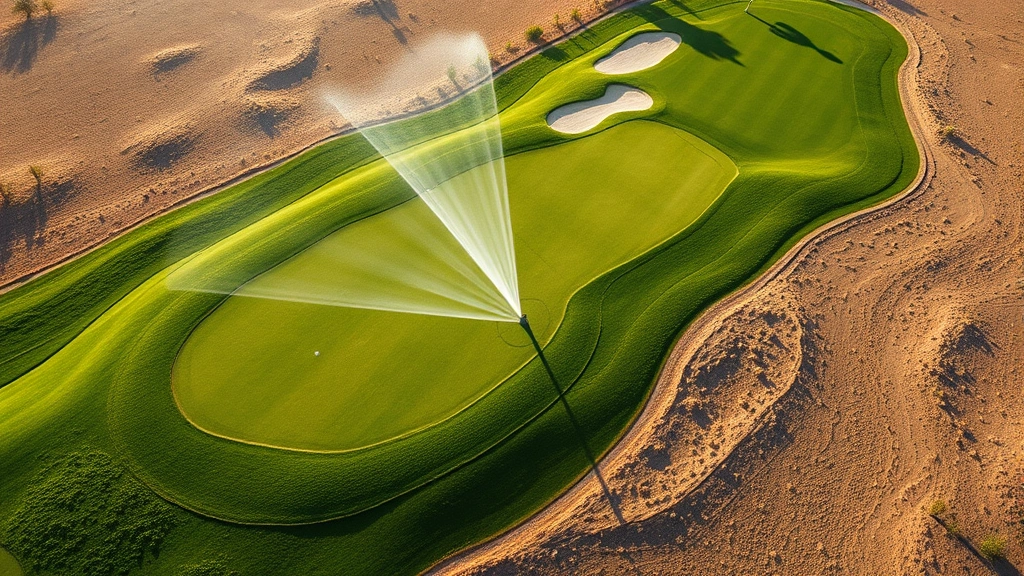 Aerial view of manicured golf course fairways and greens with irrigation system spraying water, showing contrast between lush turf and surrounding dry landscape, photorealistic, natural lighting, environmental impact perspective