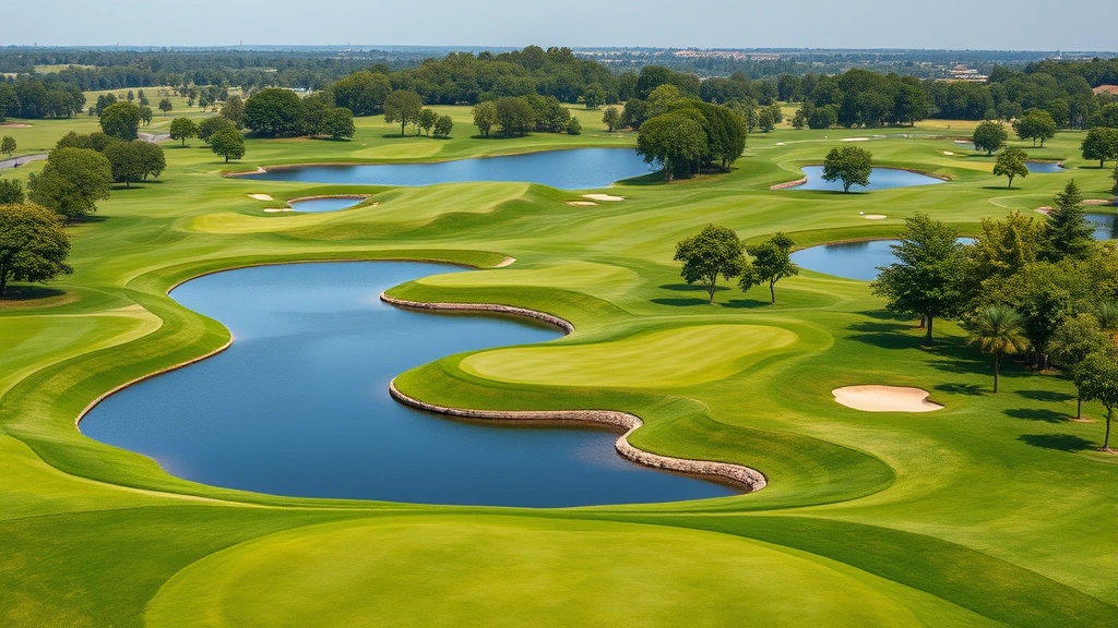 Pristine golf course with lush emerald fairways and manicured greens surrounded by natural water features and trees, photorealistic professional landscape photography