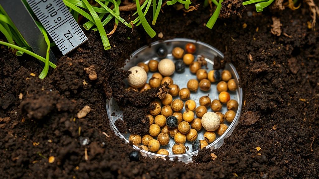 Close-up of soil sample showing chemical residue and microbial decline beneath golf course turf, with measuring tools and laboratory context, photorealistic, scientific documentation style, no text or labels