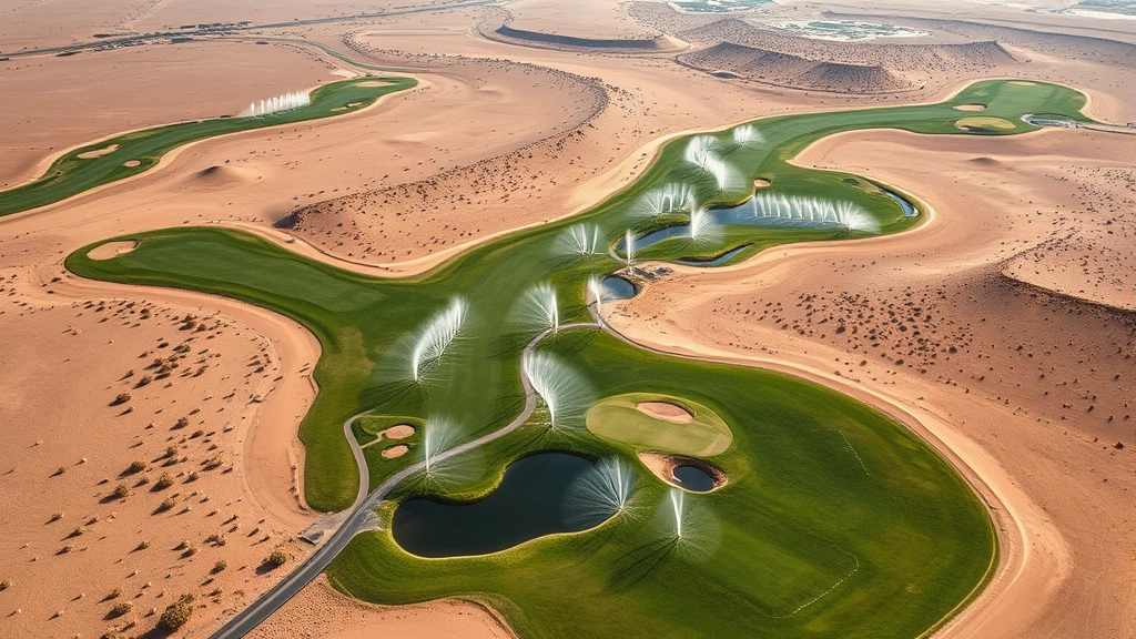 Aerial view of golf course irrigation system in arid desert environment showing water distribution channels and turf grass contrast with surrounding dry landscape