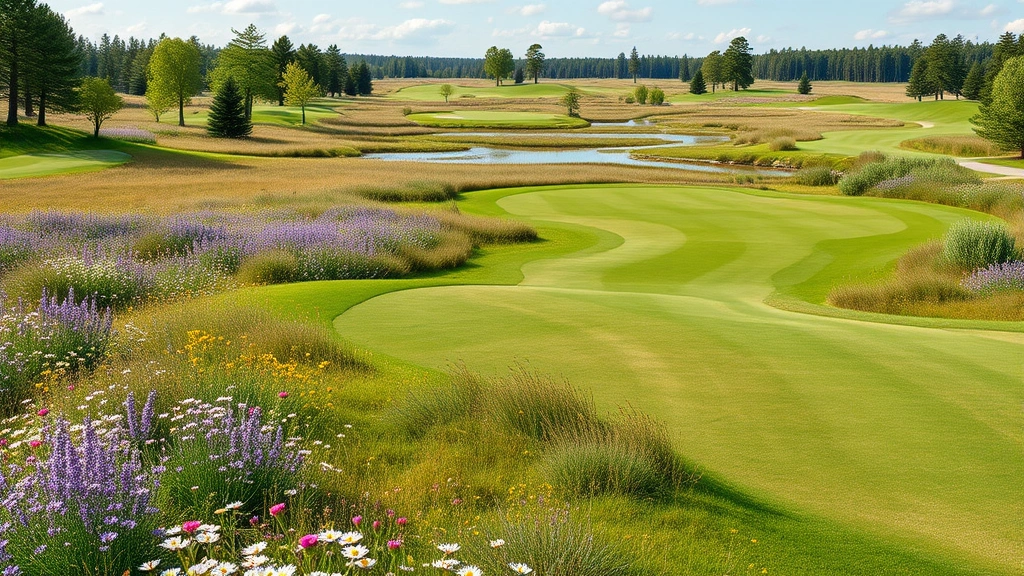 Sustainable golf course design featuring native wildflower meadows, wetland restoration areas, and wildlife habitat corridors integrated with playable fairways, photorealistic, ecological restoration focus, no charts or text