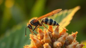 Parasitoid wasp laying eggs on pest insect host in agricultural field, extreme macro photography, golden hour lighting, green foliage background, photorealistic detail