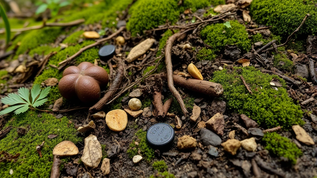 Forest floor nutrient cycling with wasp prey remains, decomposing organic matter, soil ecosystem detail, mossy ground vegetation, natural lighting, ecological abundance
