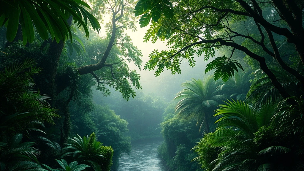 Lush tropical rainforest canopy with misty morning light filtering through dense green foliage, river flowing below, photorealistic high detail, no text or labels