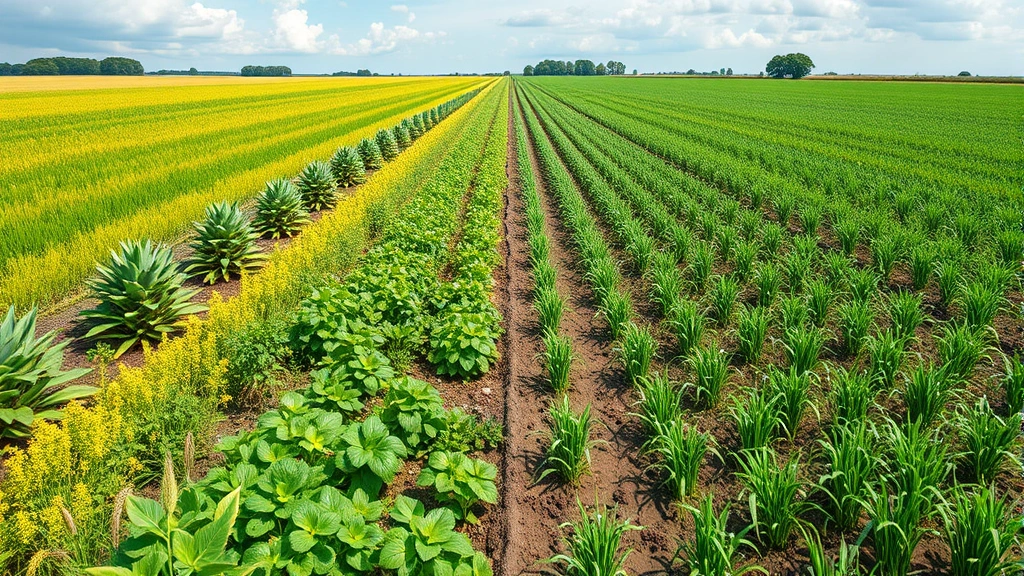 Agricultural field showing contrast: left side diverse regenerative crops with wildlife and healthy soil, right side conventional monoculture, photorealistic split view, no text
