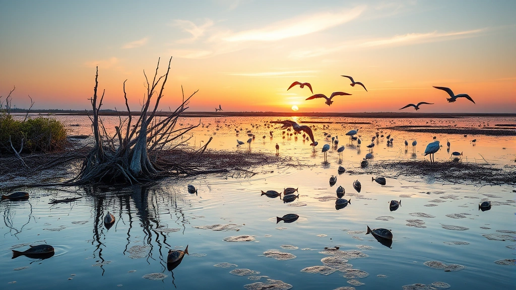 Coastal wetland ecosystem with mangrove roots, wading birds, fish-rich water, sunset lighting, photorealistic nature photography, no text or charts