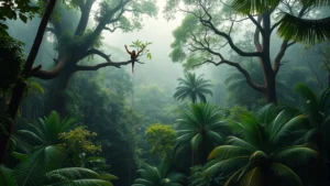 Lush tropical rainforest canopy with diverse wildlife including jaguars, macaws, and monkeys among ancient trees, misty morning light filtering through dense vegetation, high biodiversity ecosystem