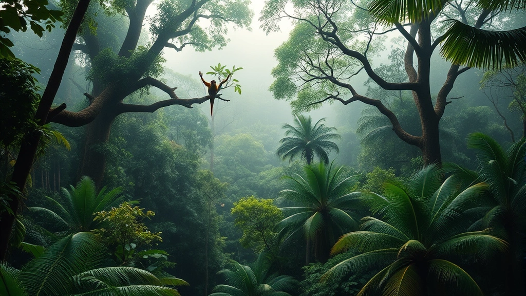 Lush tropical rainforest canopy with diverse wildlife including jaguars, macaws, and monkeys among ancient trees, misty morning light filtering through dense vegetation, high biodiversity ecosystem