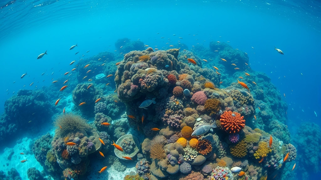 Underwater coral reef teeming with colorful fish, sea turtles, and coral species, crystal clear blue water, thriving marine biodiversity ecosystem, sunlight penetrating from above