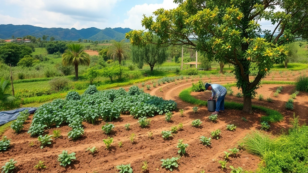 Sustainable agricultural landscape with agroforestry systems showing diverse crops, fruit trees, and native vegetation integrated together, farmers working, healthy soil visible, biodiverse farming environment