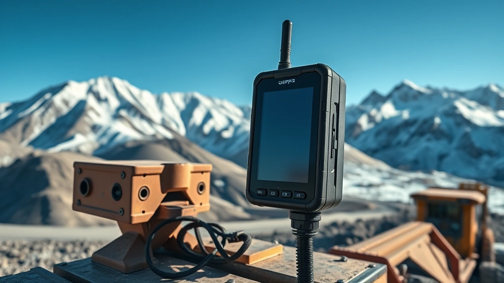 Rugged GPS tracking device mounted on mining equipment in high-altitude mountain terrain with snow-capped peaks, extreme lighting conditions, industrial equipment visible, photorealistic professional photography