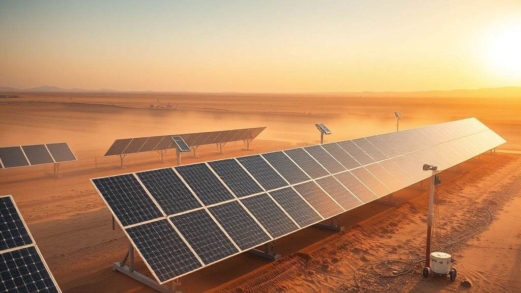 Renewable energy solar panels installed across remote desert landscape with dust and heat shimmer effects, tracking devices mounted on infrastructure, vast barren terrain extending to horizon, golden hour lighting