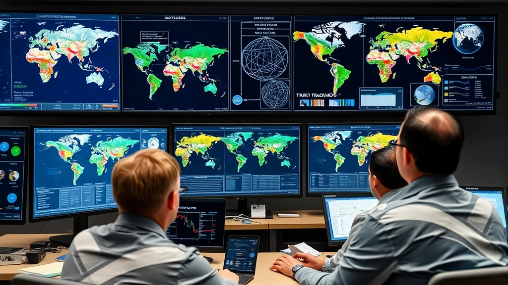 Technical team monitoring real-time asset tracking data on multiple screens in control center, displaying satellite maps of remote regions, network topology diagrams, environmental sensors, professional office environment with focus on data visualization