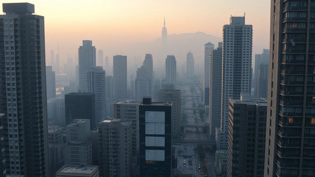 Dense urban cityscape with visible smog and haze over high-rise buildings during evening, photorealistic, atmospheric pollution visible, busy streets below