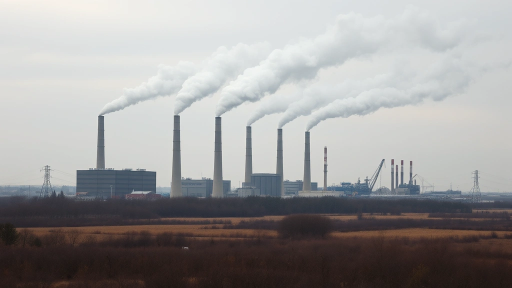 Industrial manufacturing facility with multiple smokestacks emitting gray smoke into overcast sky, surrounding landscape with sparse vegetation affected by pollution