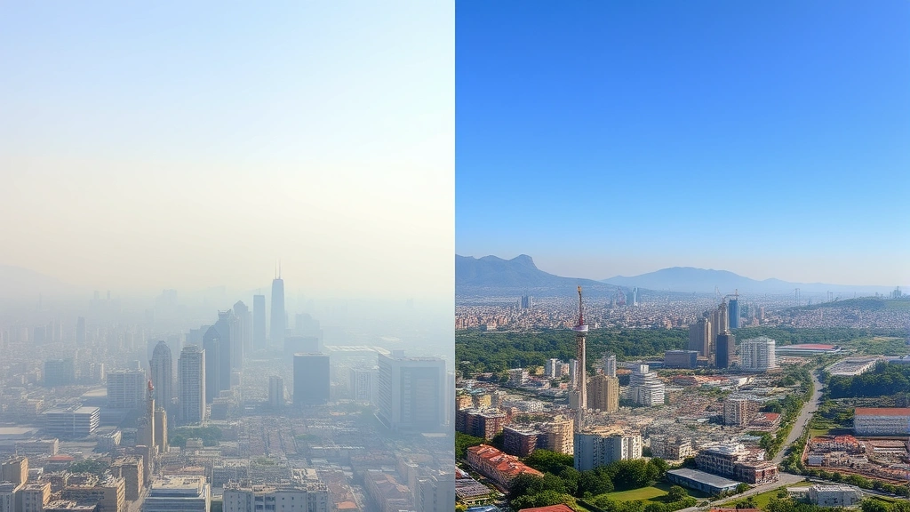 Comparison split-screen: left side shows polluted city with haze and reduced visibility; right side shows same city with clear blue sky and visible mountains, both photorealistic