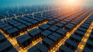 Aerial view of massive data center with solar panels and wind turbines, servers in rows, cool lighting, sustainable energy integration, photorealistic, no text or labels