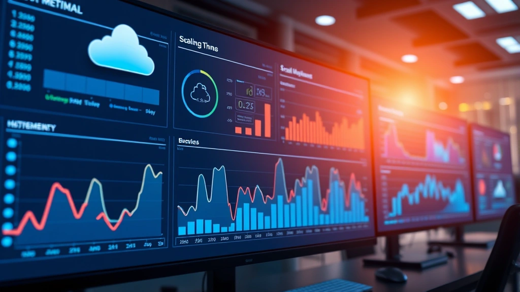 Digital dashboard showing real-time cloud infrastructure metrics with scaling graphs, economy metrics visualization, abstract technology environment, professional workspace with monitors, photorealistic