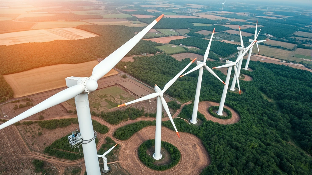 Overhead view of wind turbines in sustainable landscape with monitoring equipment and sensors, representing real-time monitoring and optimization of environmental variables in complex systems