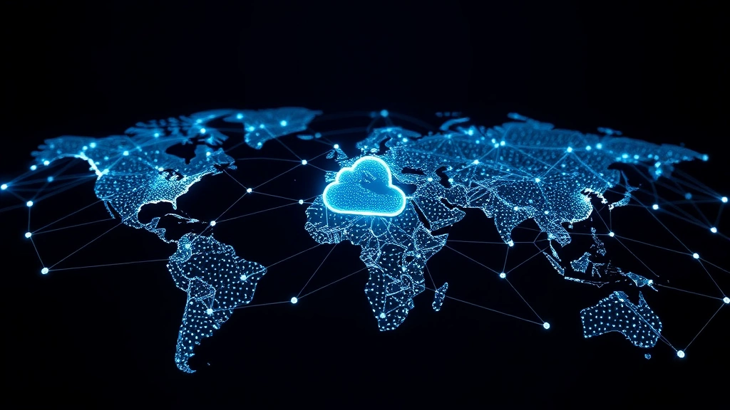 Global network visualization with interconnected nodes representing cloud infrastructure, data flowing between servers, digital economy concept, abstract but photorealistic rendering, no text elements