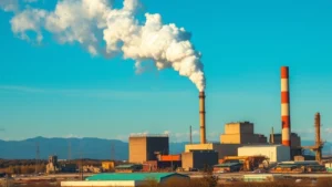 Industrial factory with visible air pollution and smoke emissions contrasting with clear blue sky in distance, photorealistic landscape showing environmental degradation impact on urban economy