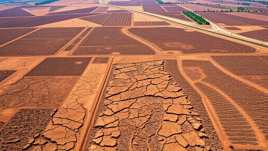 Aerial view of eroded agricultural fields with visible soil degradation patterns, dried crop rows, and water scarcity indicators in arid farming region, natural sunlight