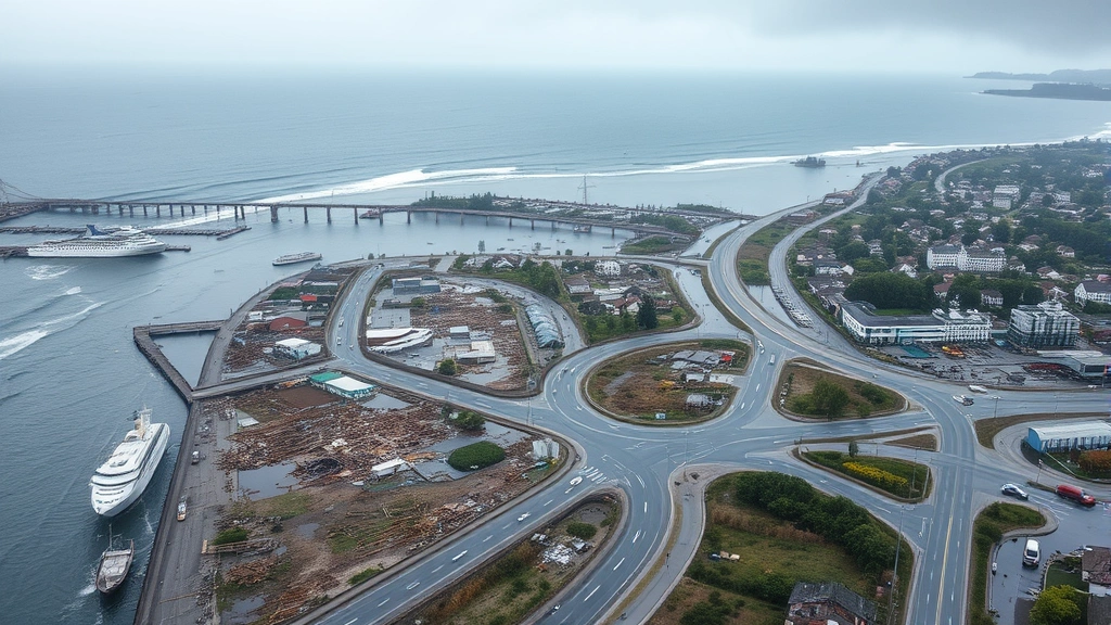 Coastal area with visible flooding and storm damage to infrastructure, damaged buildings and roads from extreme weather, harbor area showing climate impact consequences, realistic environmental disaster scene