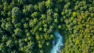 Aerial view of intact tropical rainforest canopy with diverse green shades and flowing river, representing natural capital and ecosystem services value, photorealistic nature photography