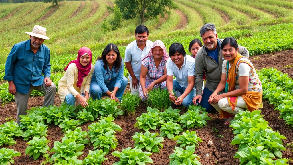 Diverse group of local community members working together in agricultural field with healthy soil and green crops, showing sustainable farming practices and ecosystem restoration benefits