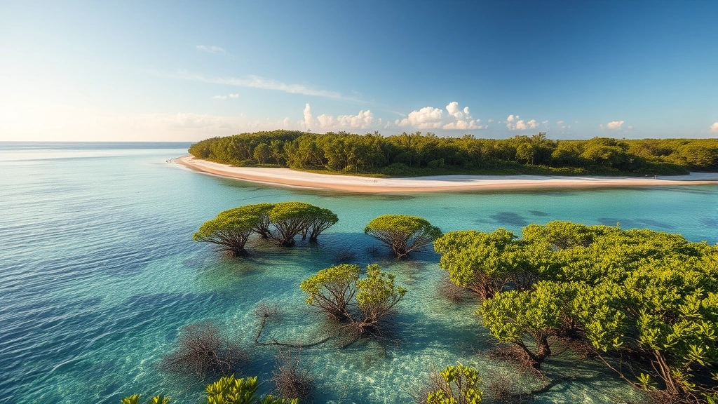 Scenic coastal landscape with mangrove forest meeting pristine beach and clear water, illustrating ecosystem-based tourism potential and natural biodiversity preservation