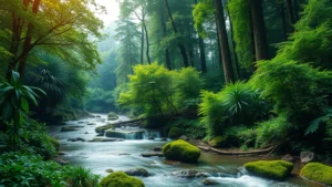 Lush green forest ecosystem with flowing water streams and biodiversity, symbolizing sustainable technology infrastructure and natural resource efficiency in computing systems