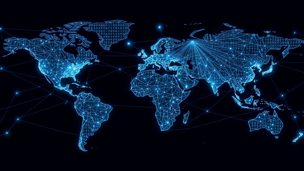 Global network visualization showing interconnected nodes spanning continents, representing Linux-based cloud infrastructure powering worldwide digital economy and seamless connectivity