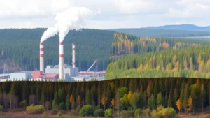 Industrial manufacturing facility with smoke stacks adjacent to intact forest ecosystem showing clear environmental impact boundary between developed and natural landscape