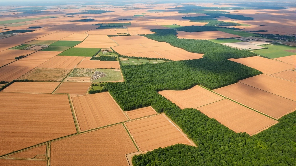 Aerial view of extensive agricultural monoculture fields transitioning to fragmented forest patches demonstrating habitat loss and biodiversity reduction from commercial farming