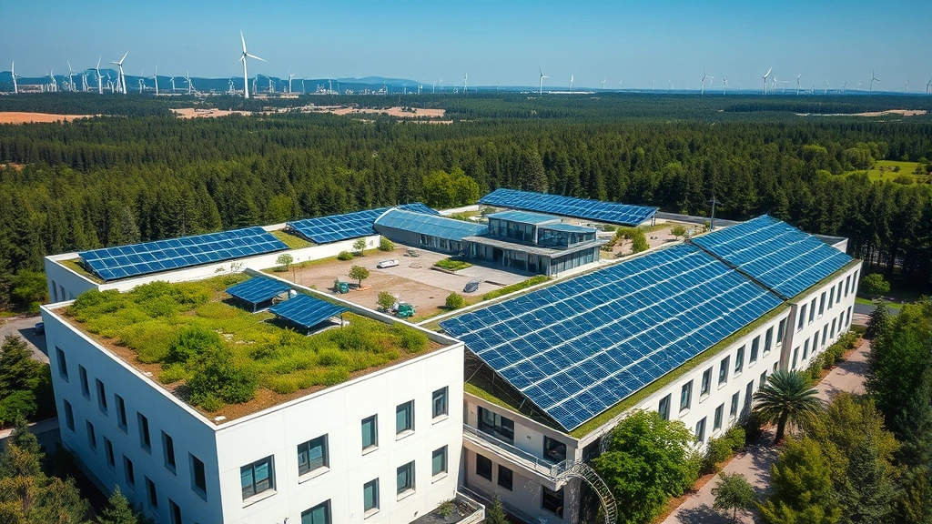 Aerial view of modern sustainable corporate facility with solar panels on roofs, green rooftops with vegetation, wind turbines visible in distance, surrounded by natural forest landscape, clear blue sky, photorealistic daylight photography