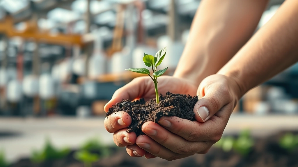 Close-up of hands holding young green plant seedling with rich soil, blurred manufacturing facility or industrial building in background, symbolizing business growth with environmental responsibility, warm natural lighting, professional photography