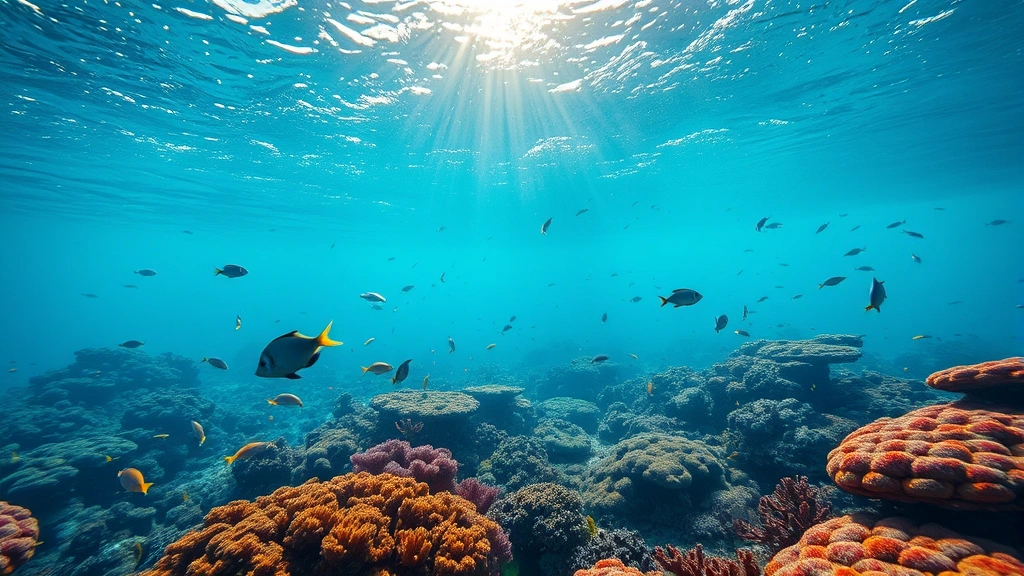 Underwater ocean scene showing vibrant coral reef ecosystem with diverse fish species and marine life thriving, sunlight filtering through clear water, representing healthy aquatic ecosystems dependent on sustainable business practices, photorealistic marine photography