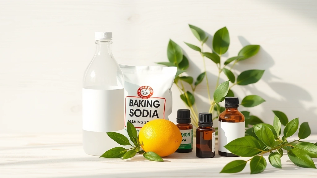 Photorealistic image of fresh green plants and natural cleaning ingredients including white vinegar bottle, baking soda, lemon, and essential oil bottles arranged on light wooden surface with soft natural daylight, clean minimalist composition