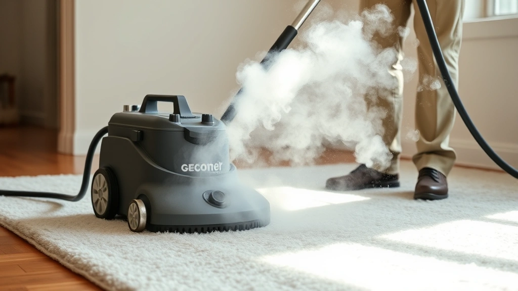 Photorealistic photograph of professional steam cleaning equipment being used on light-colored carpet, showing hot vapor rising with water droplets visible in natural light, industrial home setting with hardwood floors visible at carpet edge