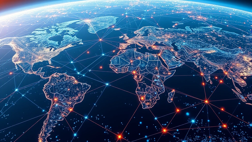 Aerial view of interconnected digital nodes and light paths flowing across a global network landscape, representing data integration and connectivity across continents, photorealistic visualization of information systems