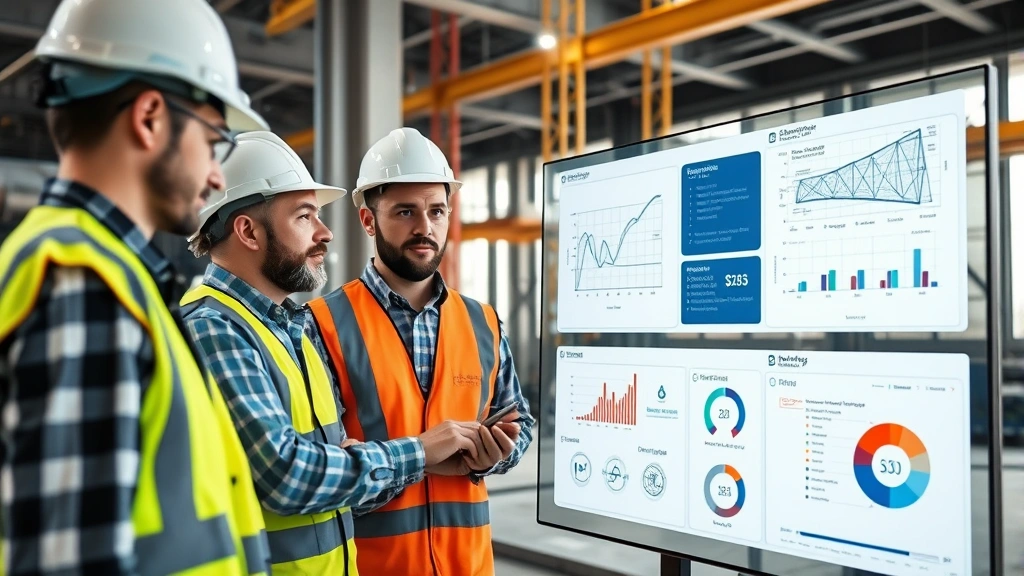 Construction site with workers collaborating around a digital display showing integrated project data, blueprints, and real-time progress metrics, demonstrating teamwork enhanced by common information platforms