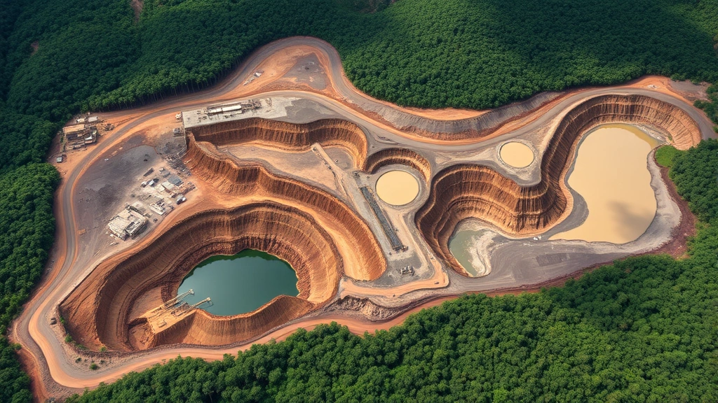 Aerial view of industrial mining operation with exposed earth and tailings ponds surrounded by deforested landscape, showing ecosystem fragmentation and habitat destruction in tropical region