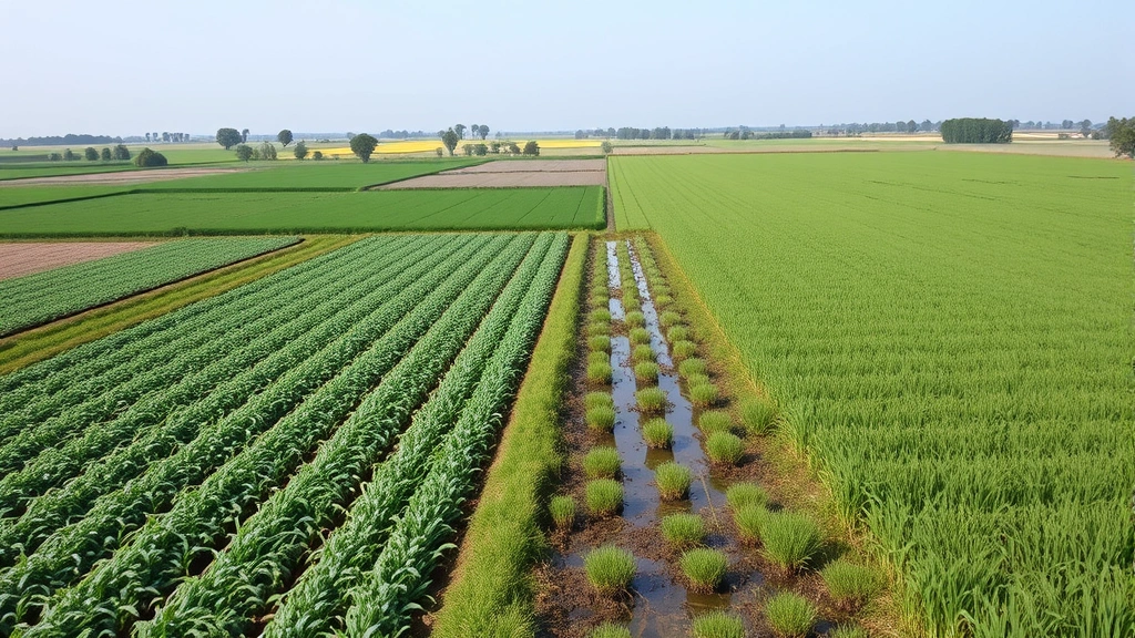 Regenerative agricultural landscape with diverse crop polyculture, cover crops, and restored wetland habitat alongside conventional monoculture field, contrasting sustainable and extractive farming practices