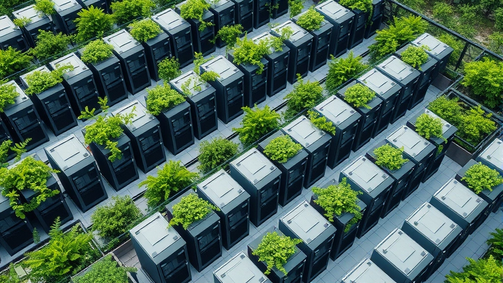 Aerial view of server farm with cooling systems, rows of computer equipment with green vegetation surrounding the facility, sustainable data center architecture