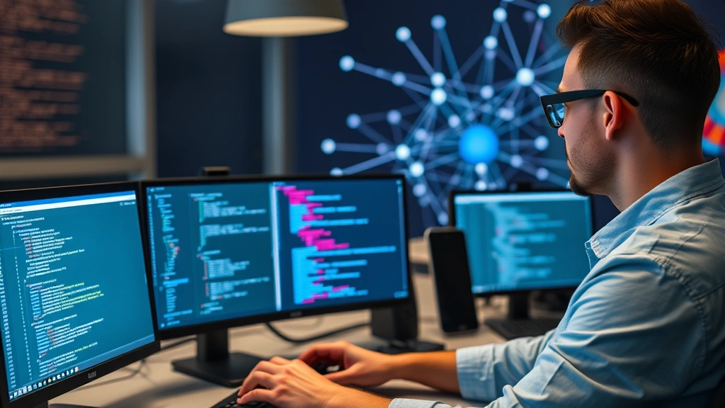 Photorealistic image of a software developer at a desk with multiple monitors displaying terminal windows and code, with subtle network visualization in the background showing data transfer between computers, representing environment synchronization and reproducibility