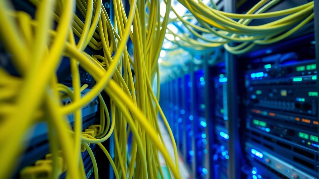 Close-up of interconnected network cables and hardware components in a data center, blue and green ambient lighting, organized server infrastructure with cooling systems